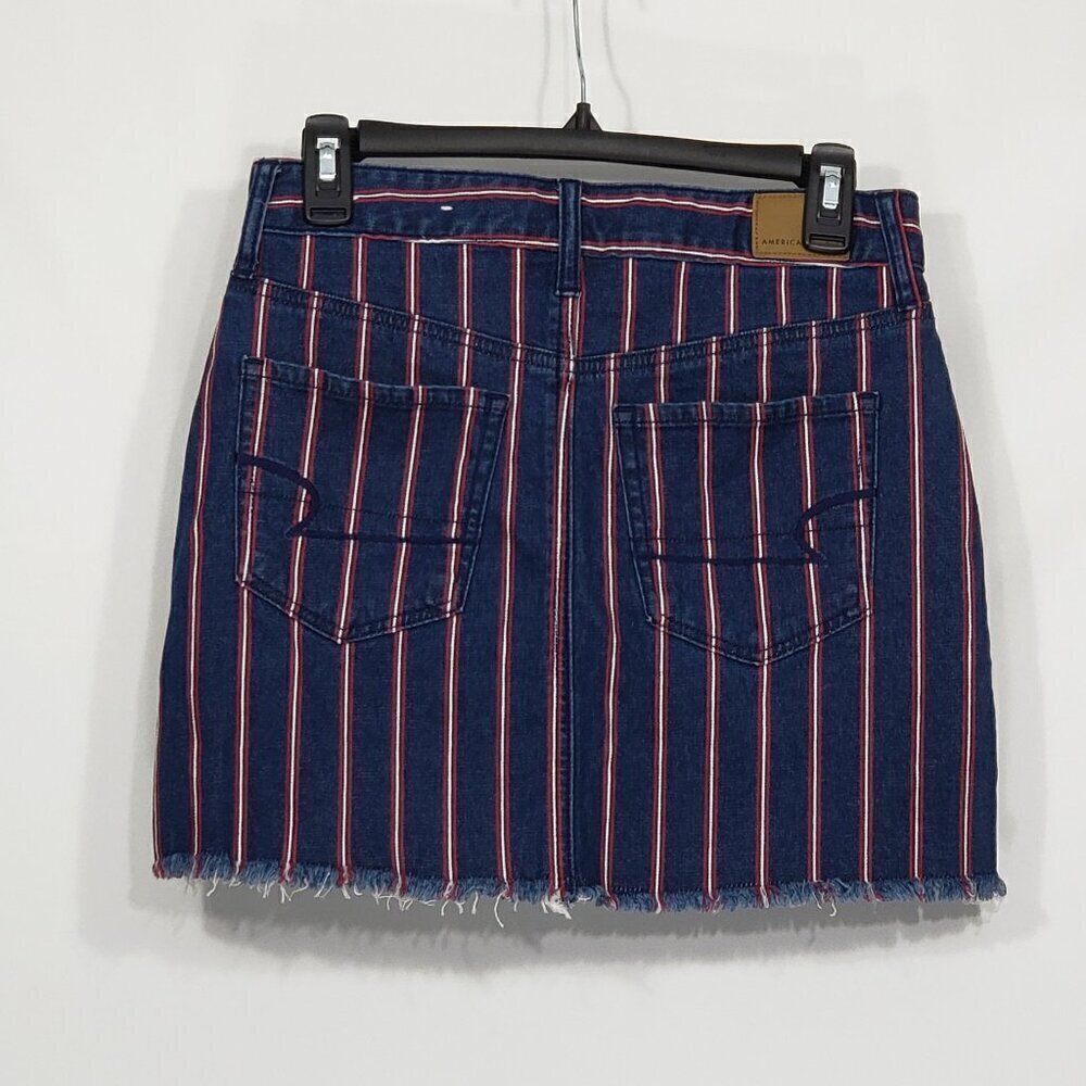 American Eagle Super Stretch Red White Blue Striped Hi Rise Mini Skirt Denim - Picture 3 of 3